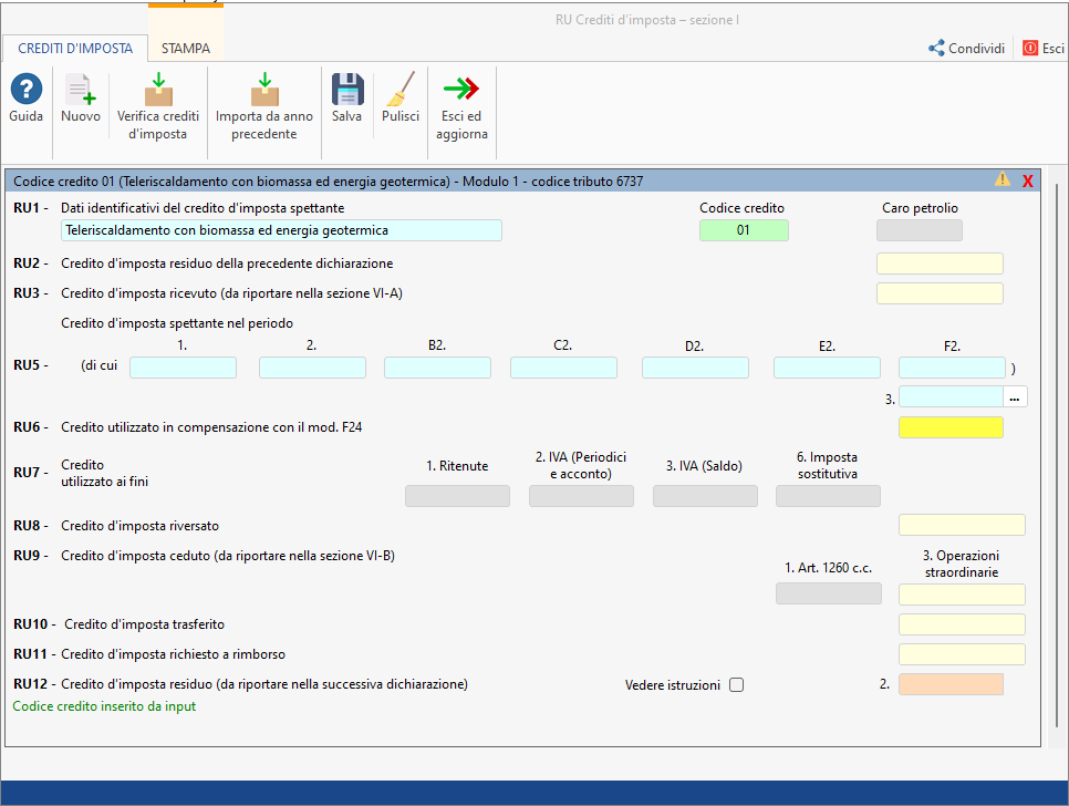 Quadro RU: Gestione crediti di imposta 2 0a25bedd 8236 48a1 b11c 146633b92109