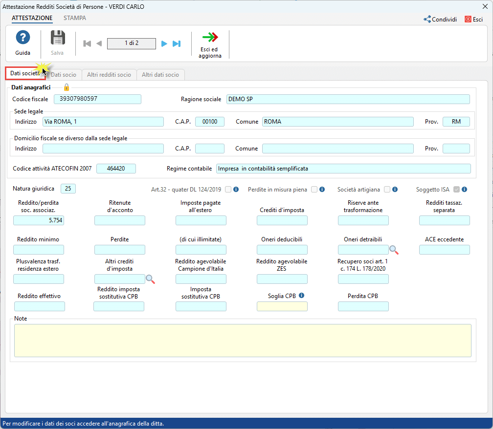 Gestione Attestazione Redditi 1 dati societa